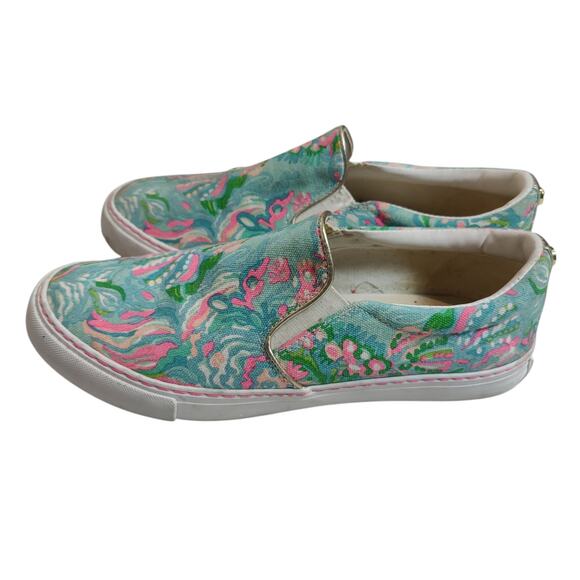 Lilly Pulitzer Women's Sz 9 Julie Blue Ibiza Comfort Sneaker Slip On Pink - Picture 2 of 9